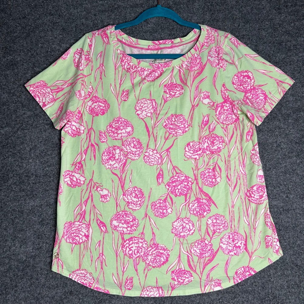 Lilly Pulitzer Etta T-Shirt Green Pink Carnation Floral Pima Cotton Top Large